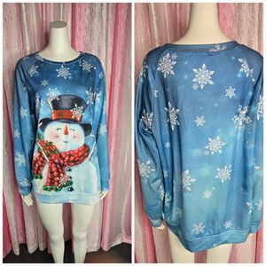 Snowman Cute Winter Blue Snowflake Oversized Long Sleeve Top Size Large